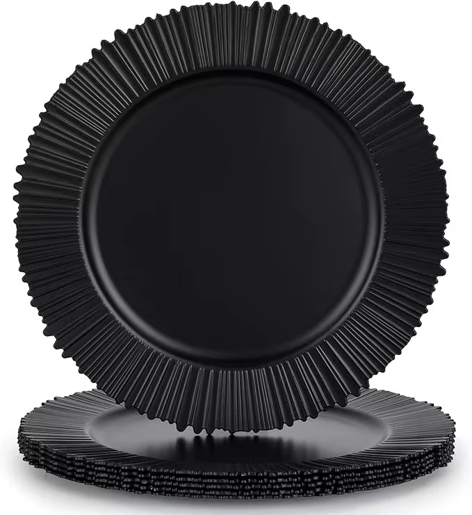 Charger Plates 13in Floral Black Ribbed — Avion Luxe event rental