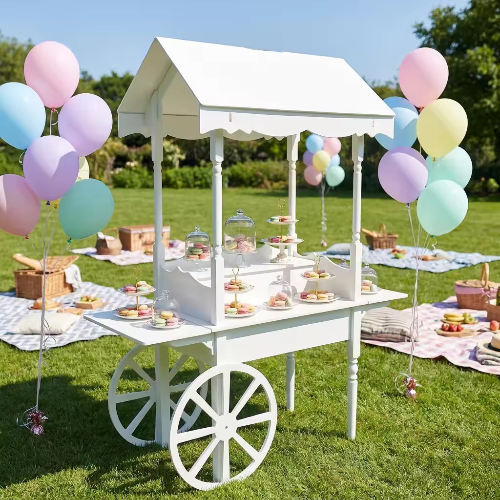 White Wooden Flower Candy Display Cart — Avion Luxe event rental